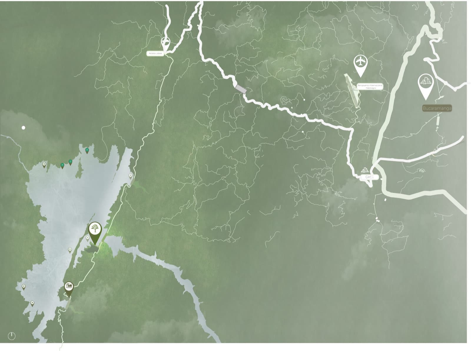 Mapa de acceso al lote de El Nauno desde Bucaramanga, el aeropuerto de Palonegro y Girón